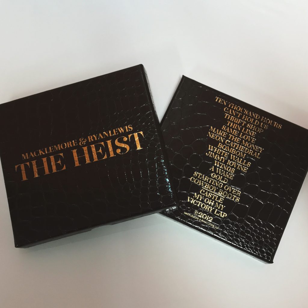 Macklemore and Ryan Lewis The Heist custom packaging box front and back